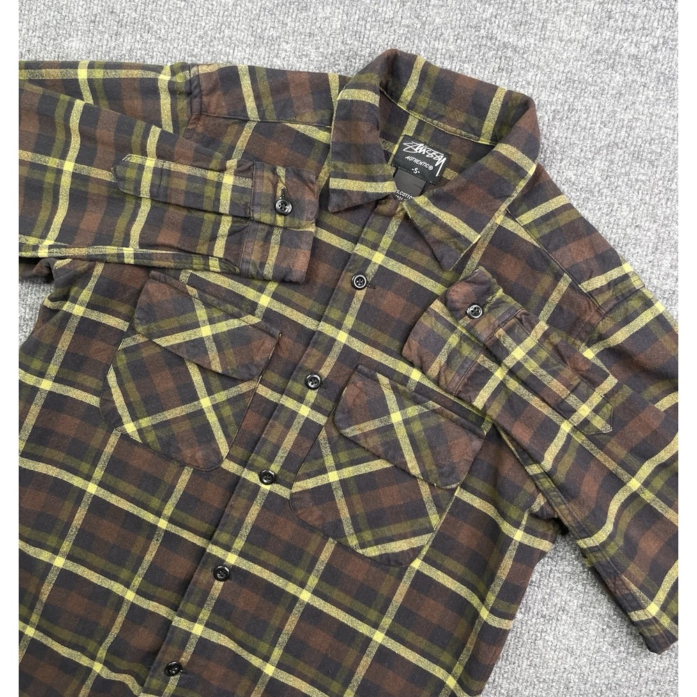 Stussy Flannel Shirt Adult Small Brown Tan Blue Plaid Button Up Skater